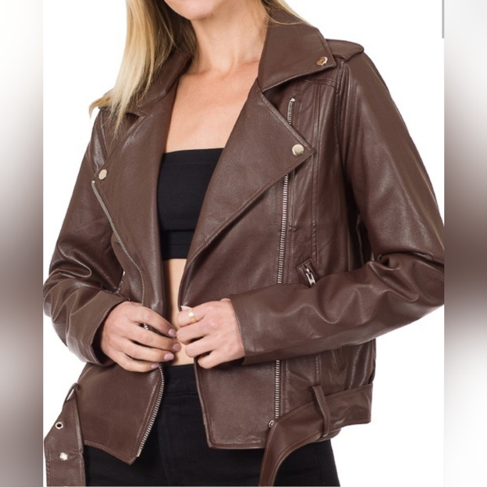 Zenana Vegan Leather Belted Moto Jacket